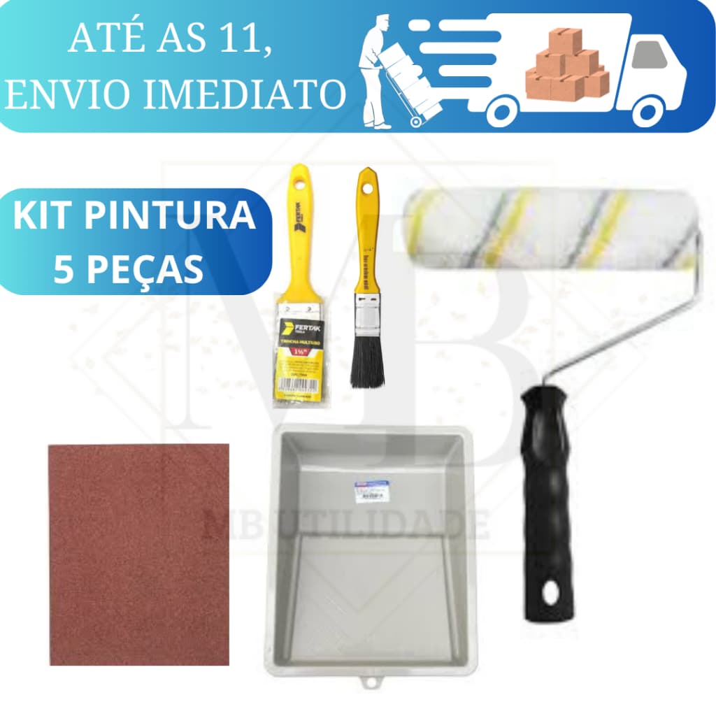 KIT Pintura 5pçs Reforma: Parede\ Ferro Bandeja 15CM+ Trinchas+ Rolo 15CM+Lixa