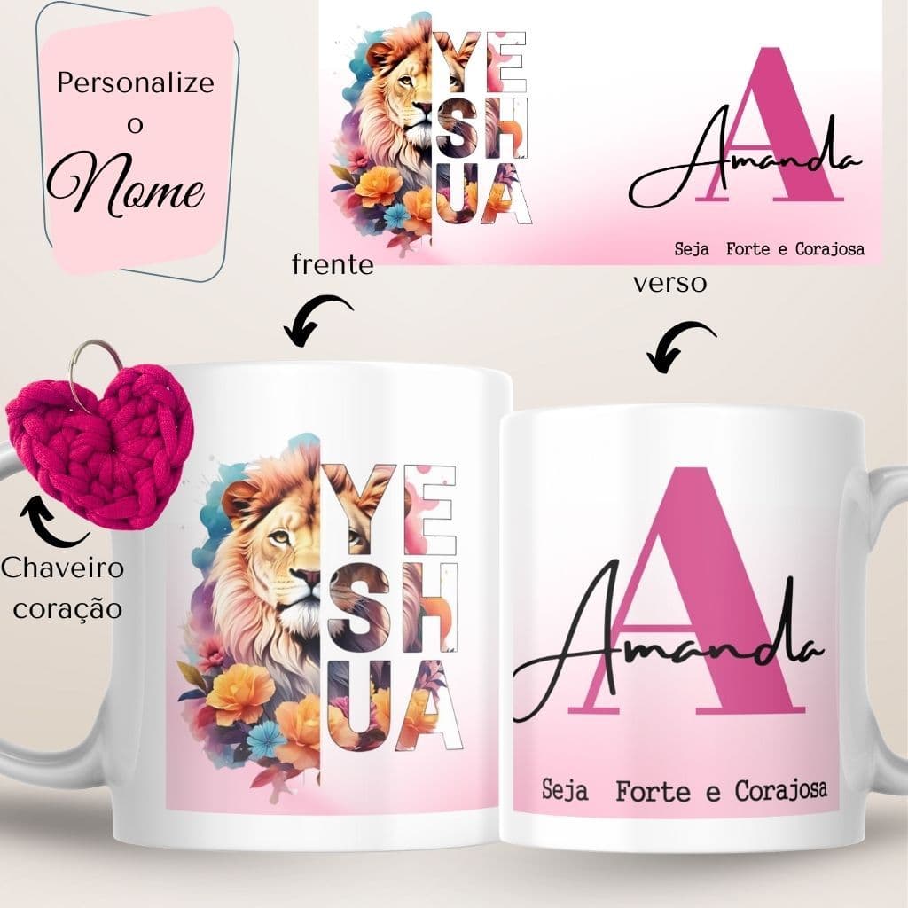 kit caneca nome Personalizado/leão de Judá+caixinha coração+chaveiro fio de malha/ presente amiga