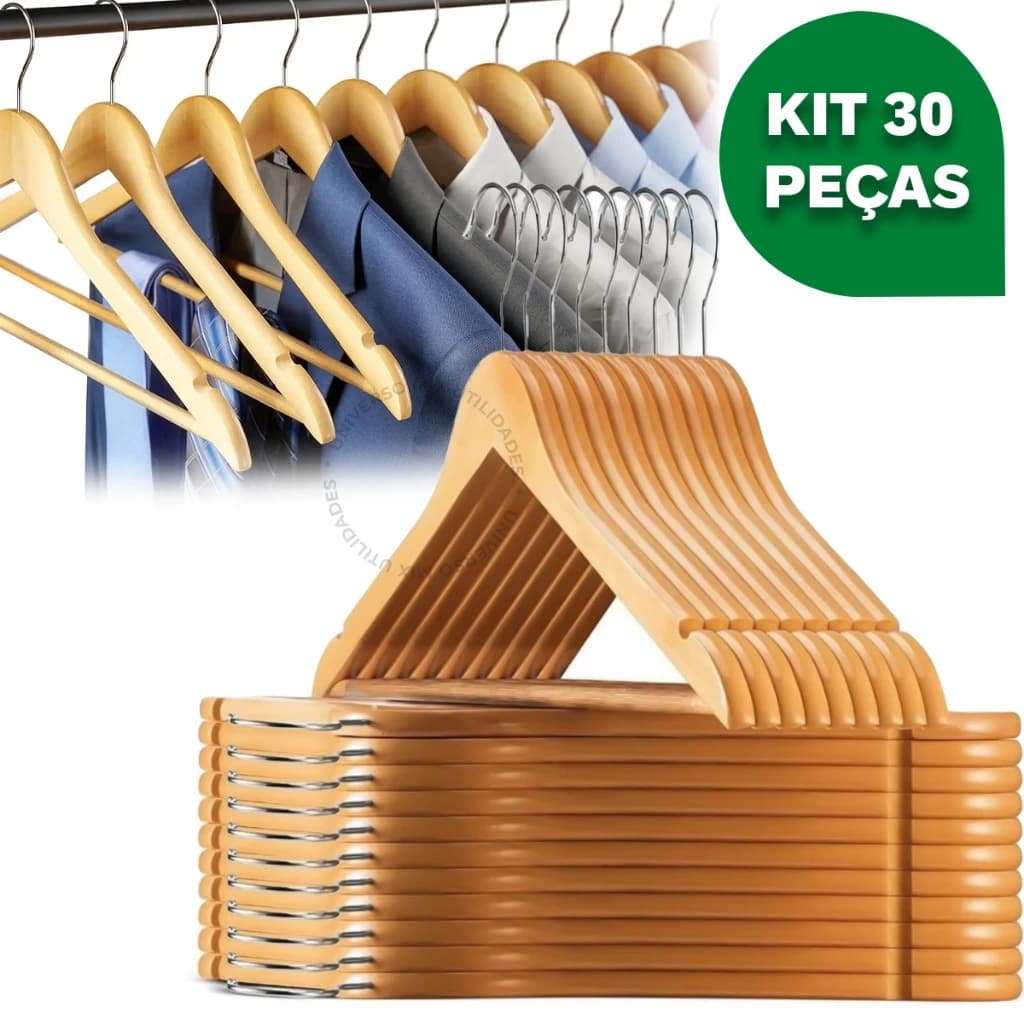 Kit 6 12 21 ou 30 Unidades Cabides De Madeira com Verniz Roupas Vestidos Ternos Calça