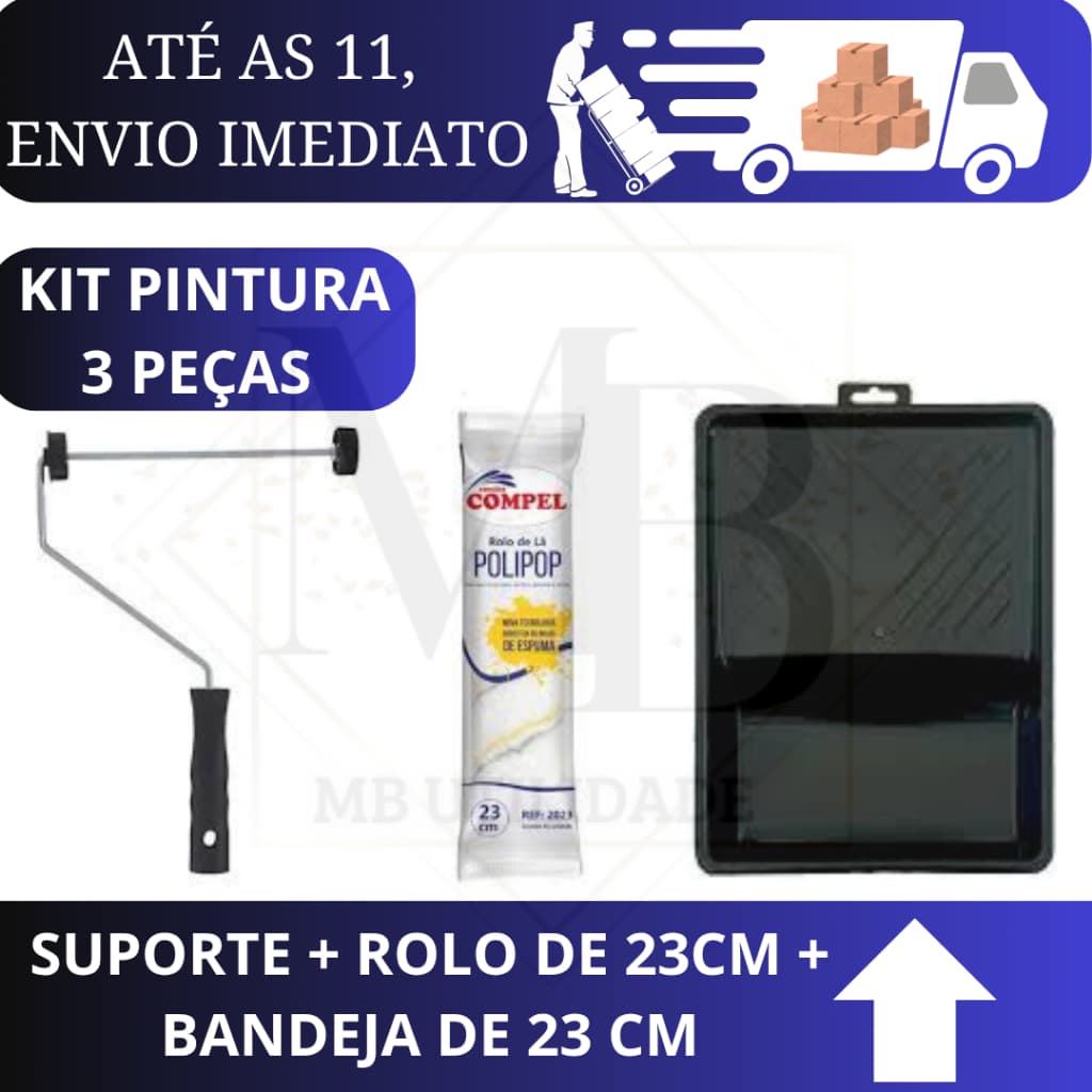 Kit Pintura 3 pçs Casa Reforma Rolo Anti Respingo Para Parede 23cm, Suporte, Bandeja Grande