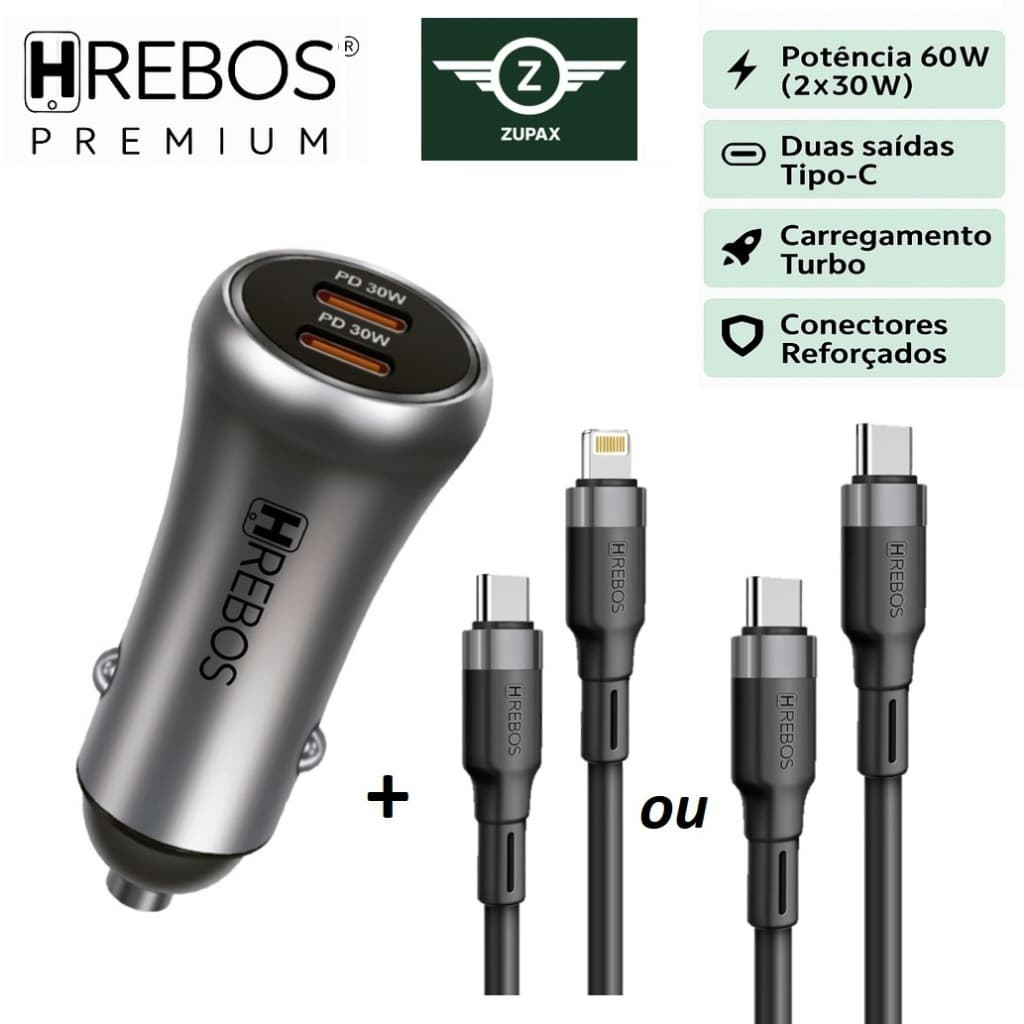 Carregador Veicular Turbo 60w Saída Dupla Tipo C iPhone Samsung Notebook Tablet Carga Rápida