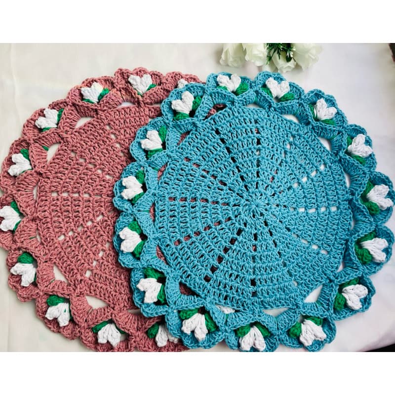 1 Sousplat Tulipa 40 cm Botões de Rosa Coração Luxo Crochê Toalhinha Jogo Americano