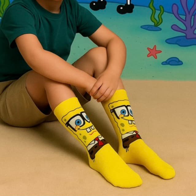 Meia Bob Esponja Amarela Divertida Estilosa Look Urbano Personagem Animado Streetwear  Algodão Infantil 23 ao 33