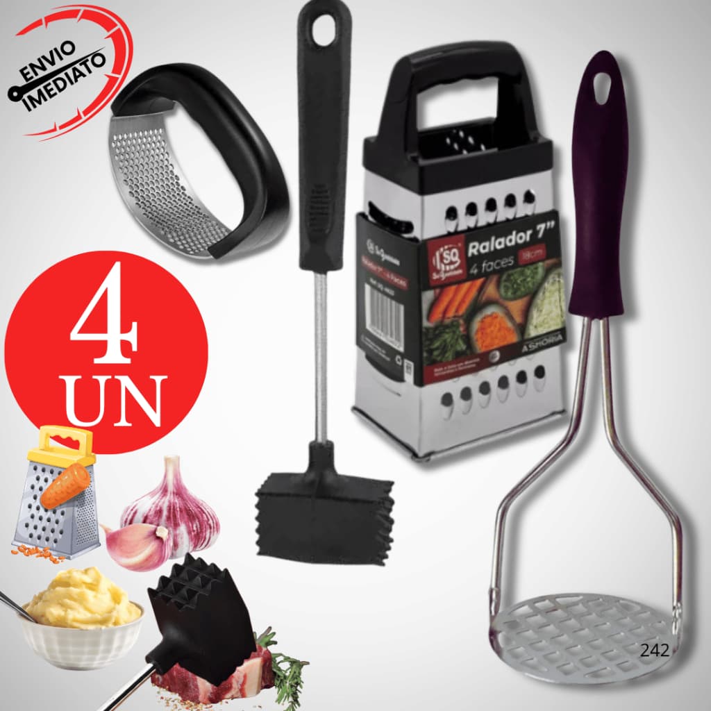 Kit Amassador Batedor Alho Batata Carne Martelo Para Carne Resistente Cozinha Utensilio Kit Preto