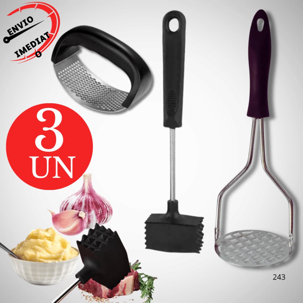 Kit Utensilio De Cozinha Amassador Batata Alho Martelo De Carne Aço Inox Kit Preto Utensilio Cozinha