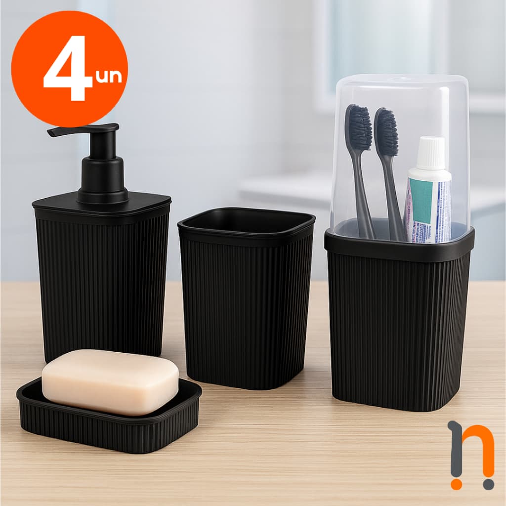 Kit Banheiro Porta Escova Preto Cinza Metalizado PLASUTIL