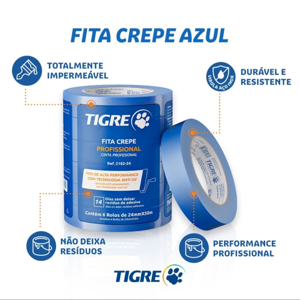 Fita Crepe Azul Tigre 24x50m | 48x50m para Interno e Externo ANTI-UV - Resistente ao sol e chuva