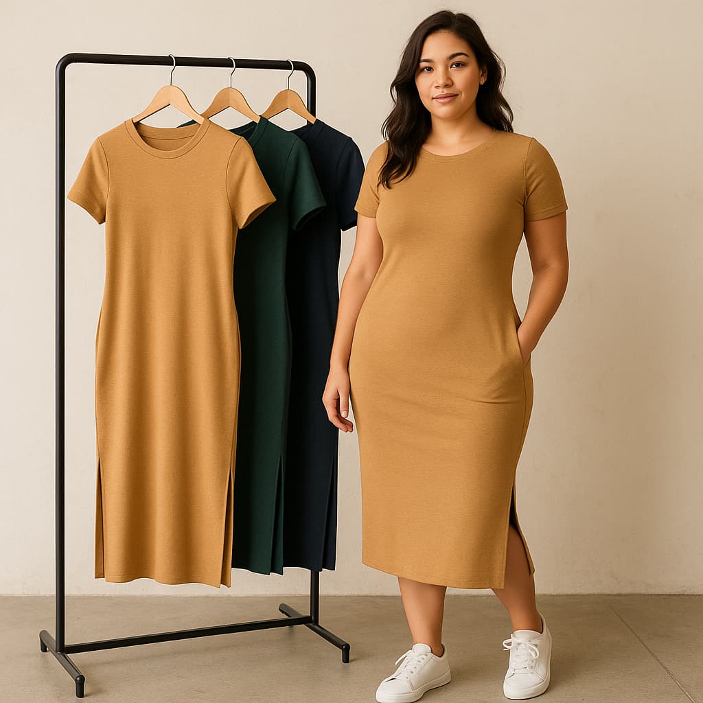 Vestidos Midi Feminino Pluss Size algodão Penteado de Manga Curta Com Fenda Lateral Tubinho Basica Casual