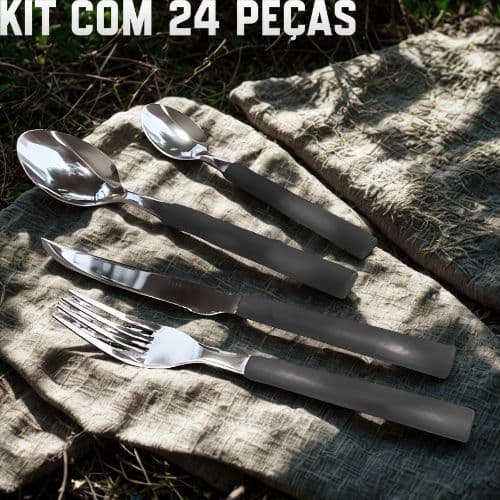 Kit de Talheres Inox Preto com 24 Peças – Colher, Garfo, Faca e Colheres para Sobremesa