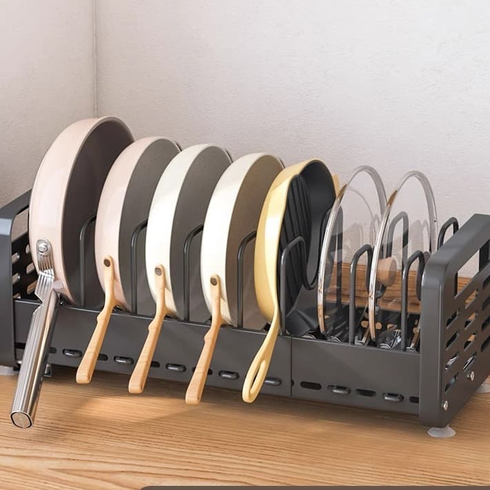 Organizador de Tampas e Panelas Retrátil 7 Divisórias em Aço Inox Ajustável Suporte Compacto de Gaveta e Armário