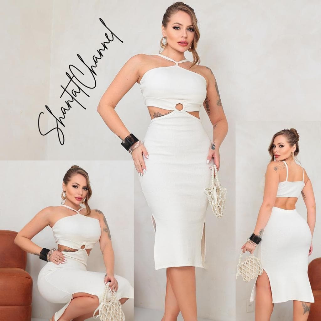 Vestido Feminino Argola  Frente midi Ribana Algodão Alça Fina Com Bojo Tendência  Promoção