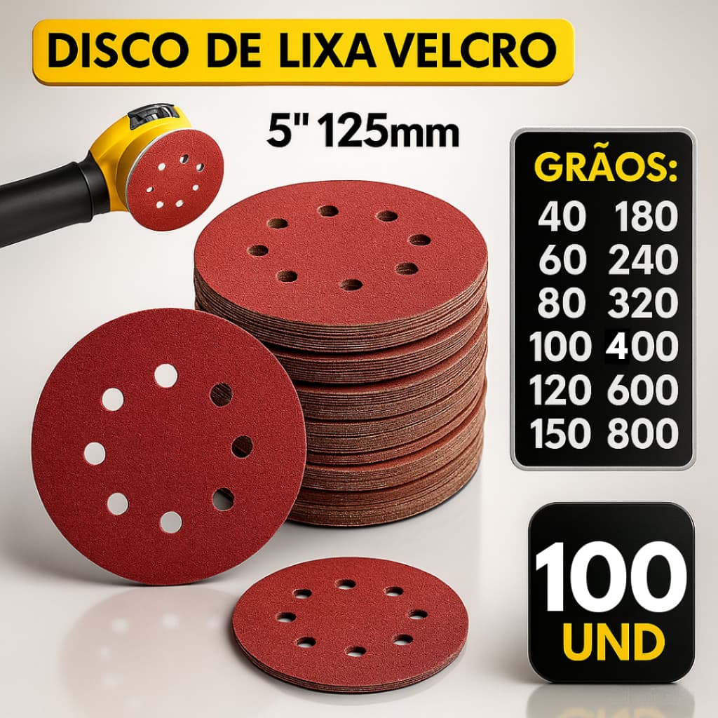Kit 100 Disco Lixa com Velcro 125mm 8 Furos Rokit Politriz Lixadeira Roto Orbital
