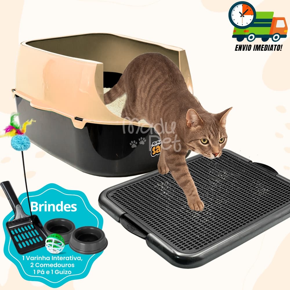 Kit Caixa de Areia para Gatos Furba + Tapete Coletor C/ Pá + 02 Comedouros + Guizo Promoção