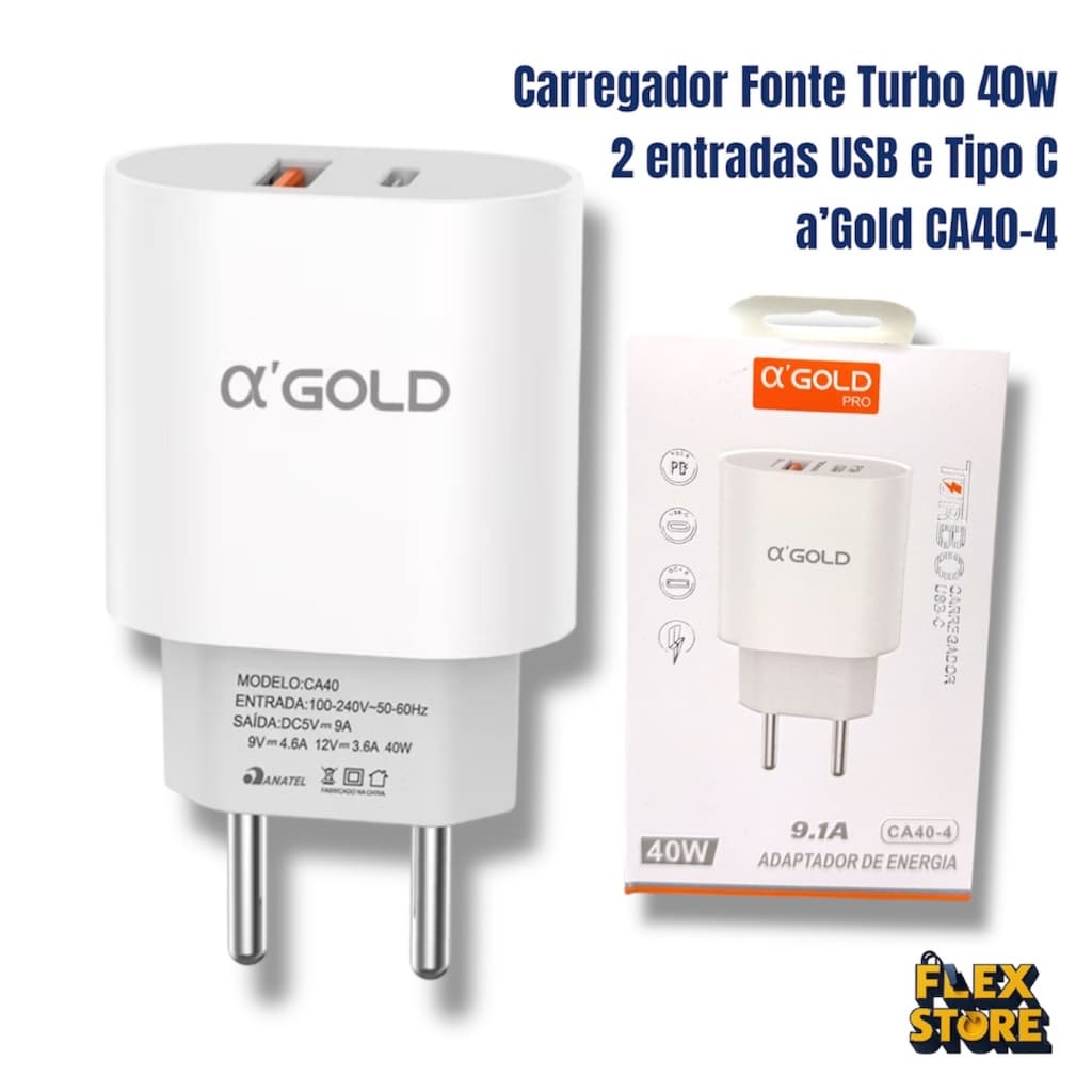 Carregador Turbo Fonte 2 entradas αGOLD PRO 40W 9.1A CA40-4 USB e Tipo C Carregamento Rápido Bivolt