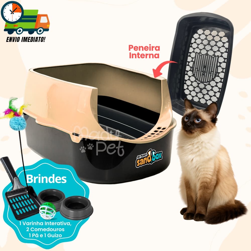 Caixa de Areia Para Gatos Com Tampa Furba + Peneira Interna + Pá Higiênica + 2 Comedouros + 01 Guizo