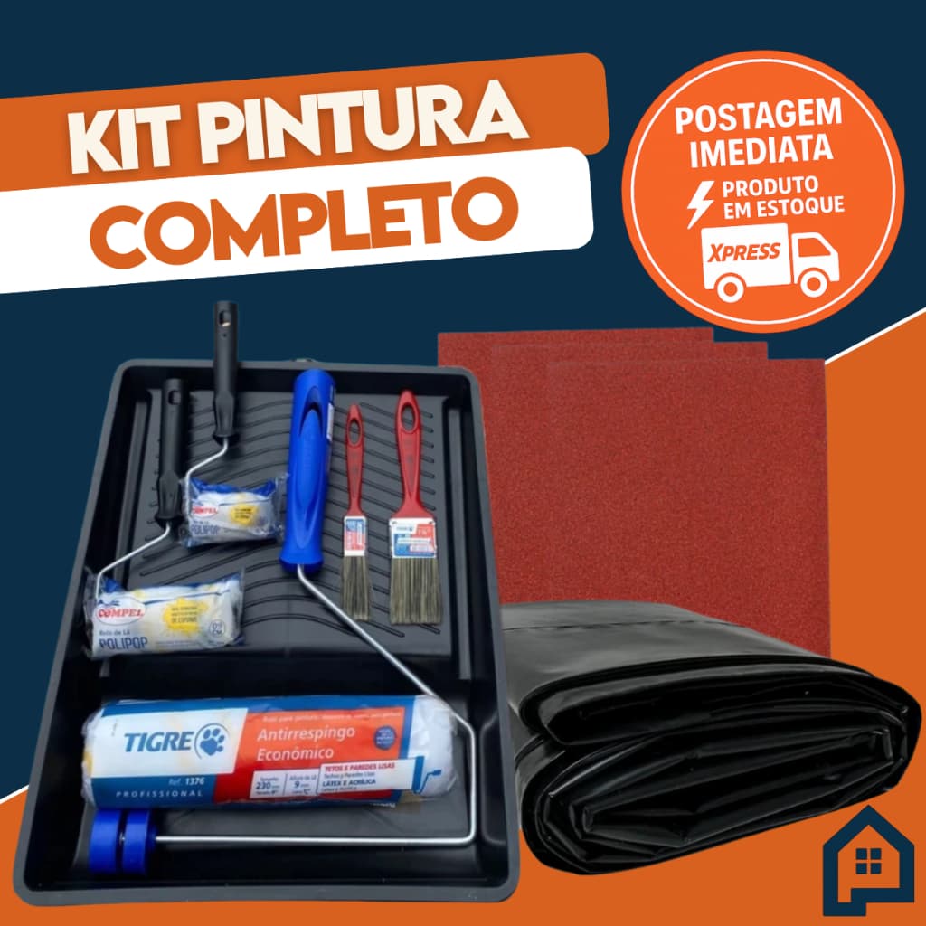 Kit Pintura De Parede Rolo Lã Com Lixa E Pincel + Lona C/ 13 Peças