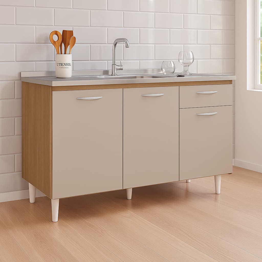 Balcão de Cozinha 1,20m Para Pia 3 Portas e 1 Gaveta MDF/MDP Design Moderno Compacto Pé Resistente Reforçado  – AV