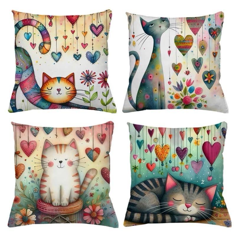 KIT 4 CAPAS DE ALMOFADAS  DELICADAS  DE GATO CORAÇÃO TAMANHO 45X45