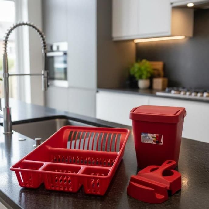 Escorredor de Louça + Kit Pia3 peças Vermelho - Organizador Completo para Cozinha