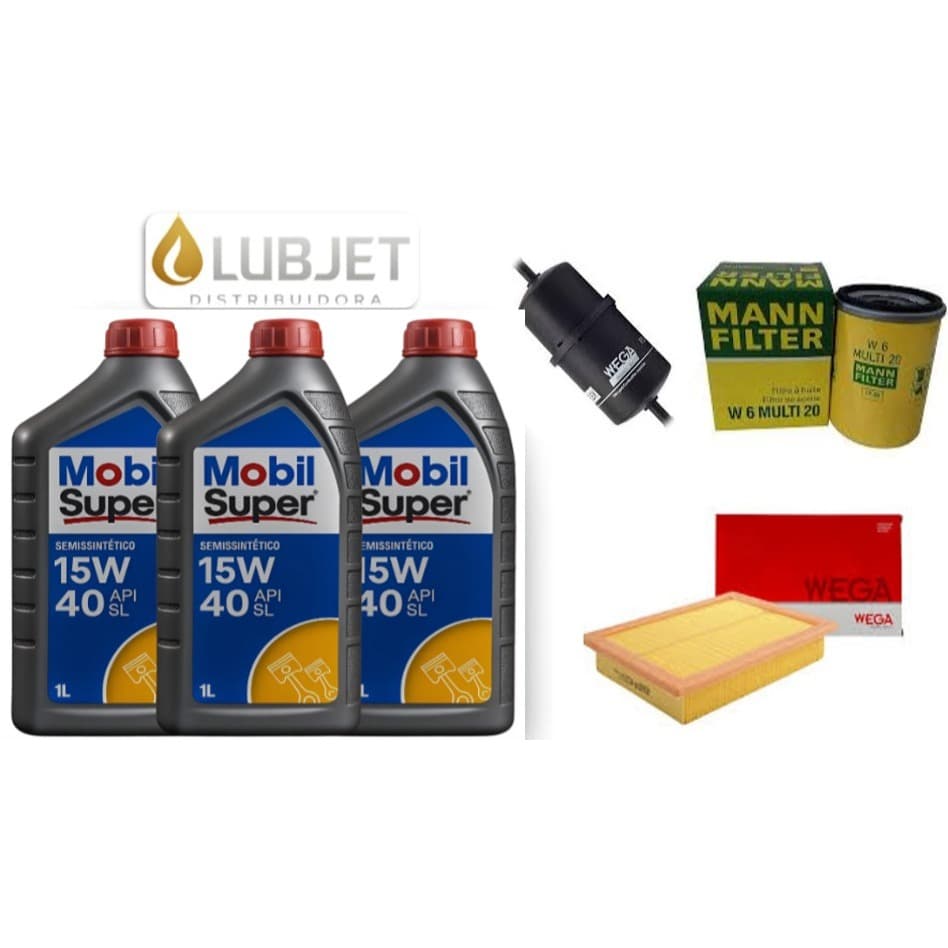 Kit 03 Litros de Óleo Mobil 15W40 Fiat Fire Uno/Fiorino + Filtros Óleo, Ar e Combustível
