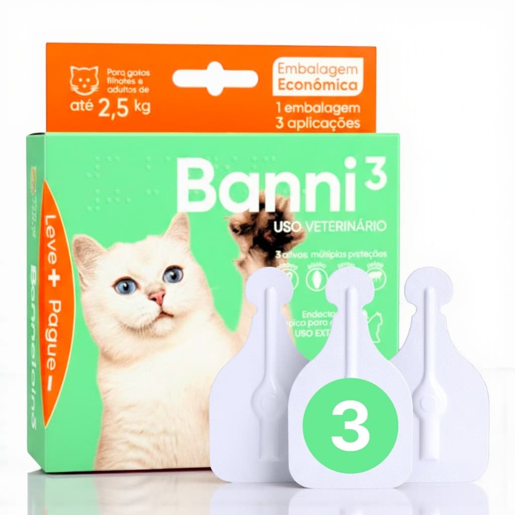 Antipulgas Banni3 C/ 3 Flaconetes Vermifugo Para Gatos Até 2,5kg