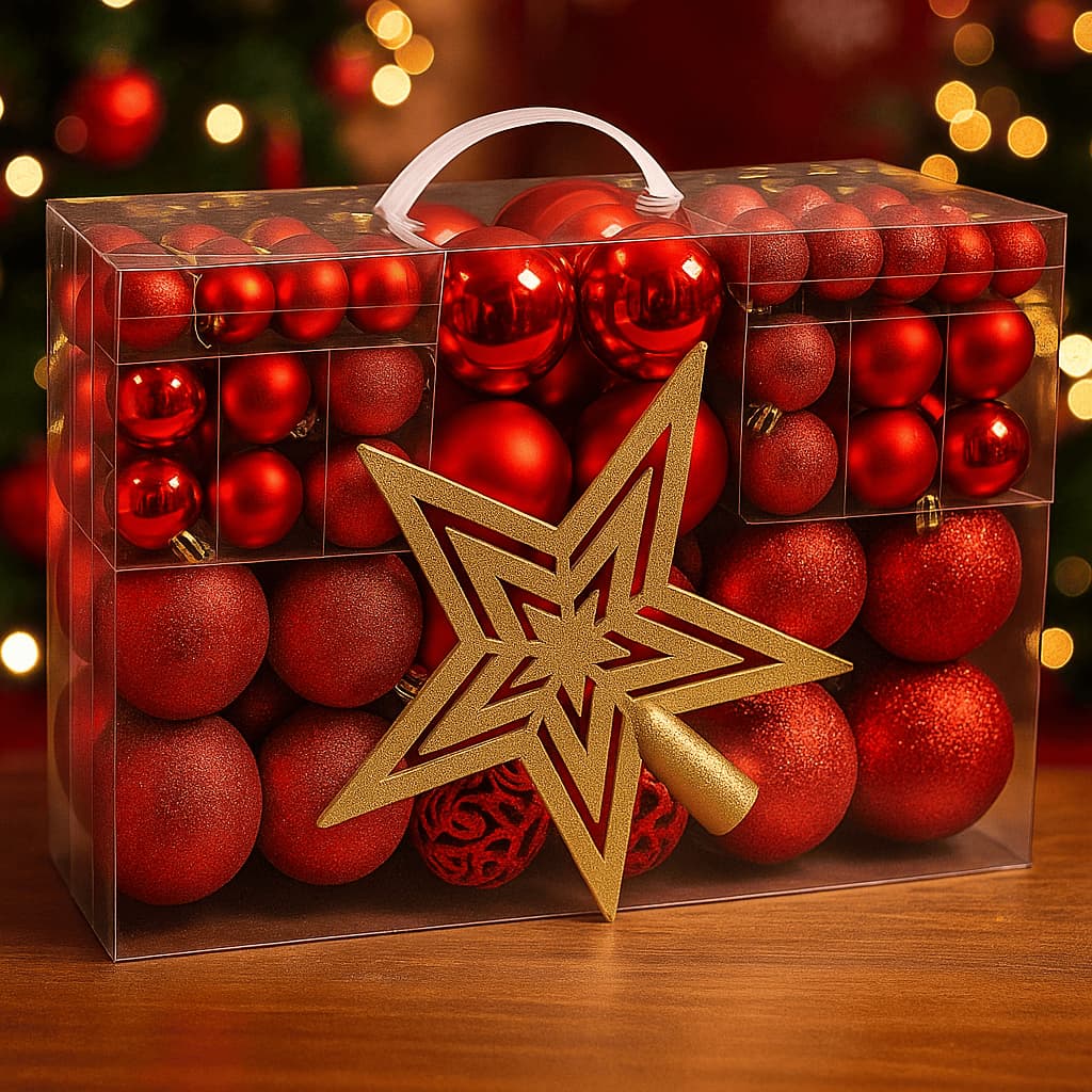 Kit 100 Enfeites de Natal Bolas Vermelhas e Estrela Dourada para Árvore e Decoração Natalina