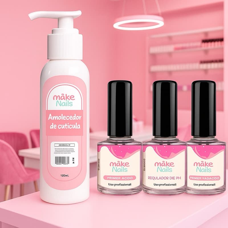 Kit preparadores de unhas com Primer Ácido + Desidrat + Regulador de pH + Amolecedor de Cutículas Make Nails