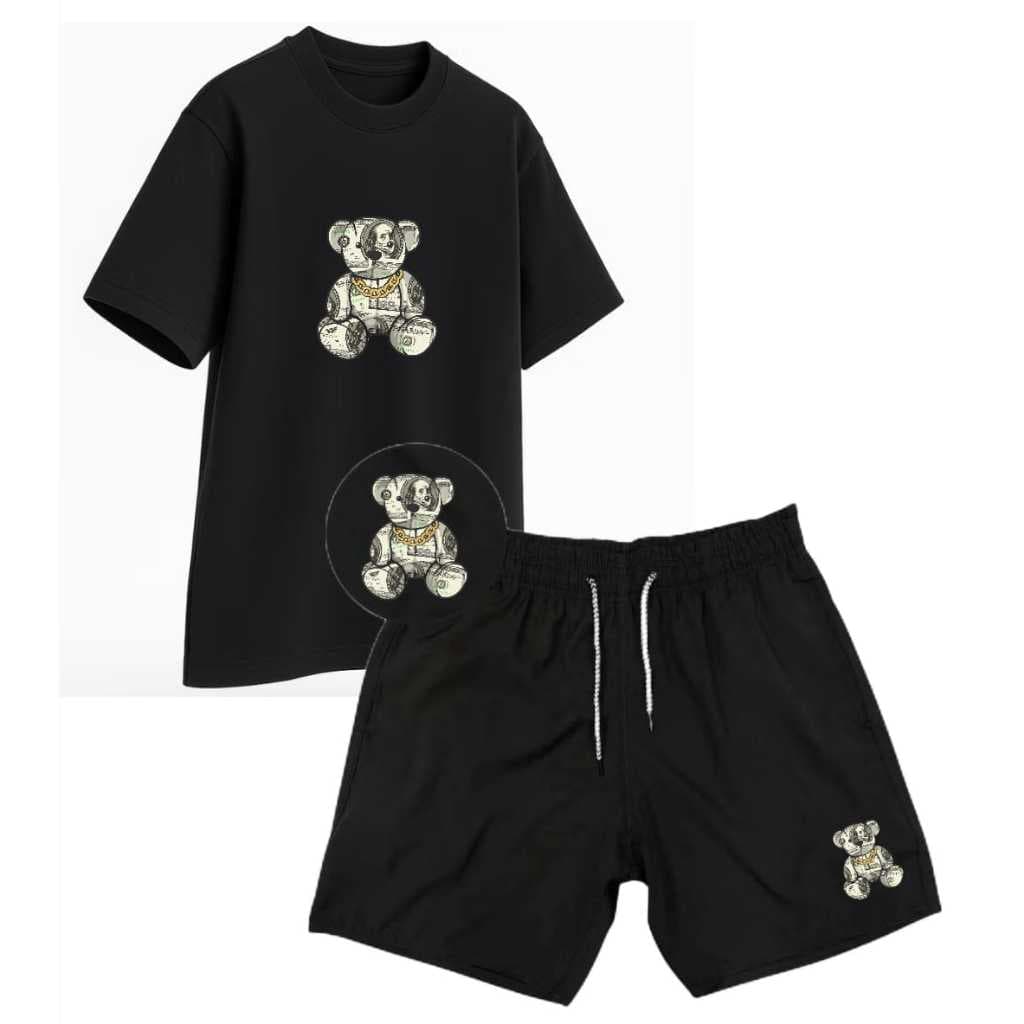 kit camiseta 100% Algodão Bermuda Tactel Elatano Estica Urso Dollars Oferta De verão Promoção Combo Conjunto