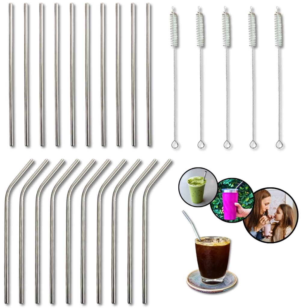 Kits Com 4, 8 Ou 20 Canudos De Inox Metal Prata Reutilizável Com Escovinha De Limpeza P/ Drink Bebidas Festa Formatura