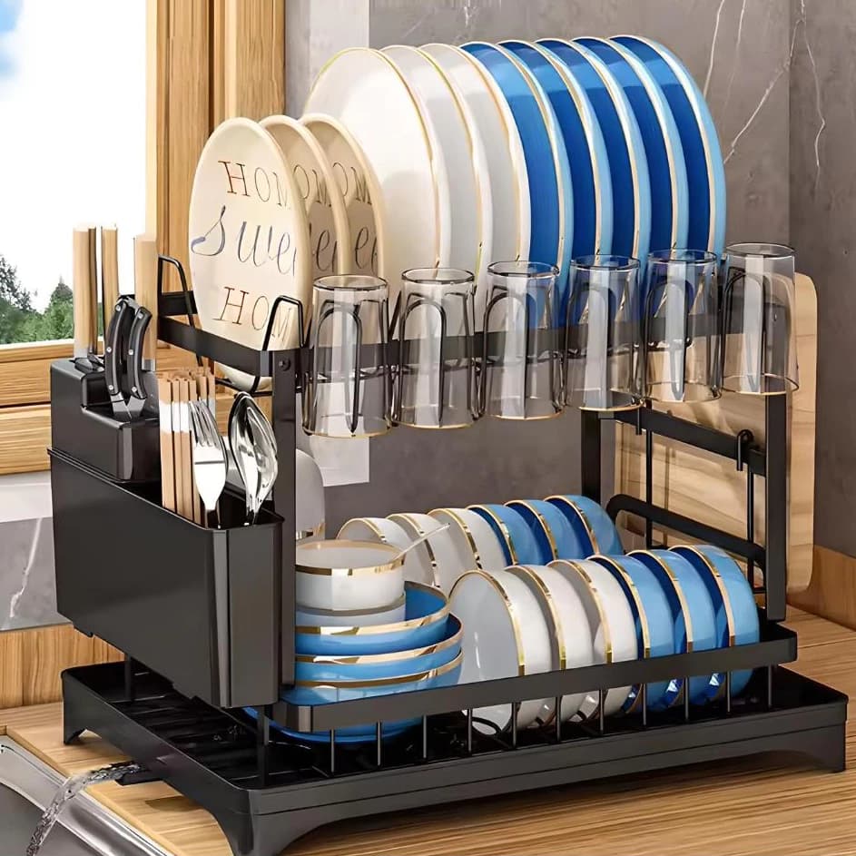Escorredor Organizador de Louças Inox Duplo Compacto Pia Rack Cozinha Suspensa Organizador Talheres Pratos