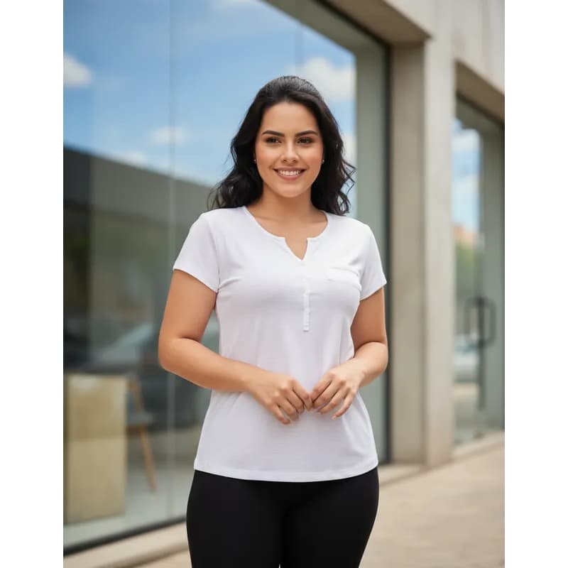 Blusa T-Shirt Plus Size Feminina Casual, Camiseta De Manga Decote Botão Tendencia Verão 2026