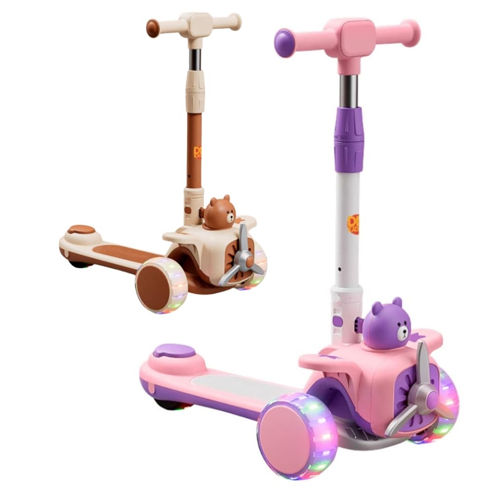 Patinete Aviãozinho Feliz Infantil 3 Rodas Dobrável com Luz Led Som DM Toys DMR6816 Rosa / Bege