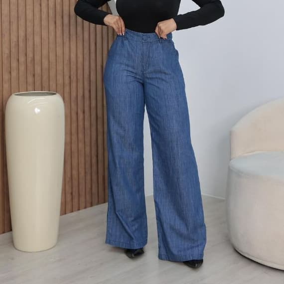 Calça Jeans Pantalona feminina Botâo Ziper comfortavel 100%algodão