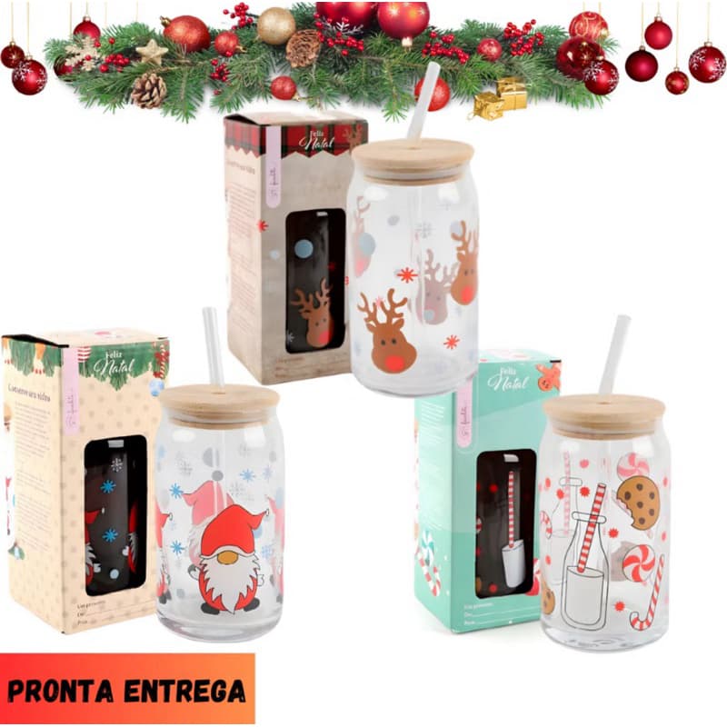 Copo 500ml com Canudo Presente Natal Papai Noel, Rena Ou Biscoito