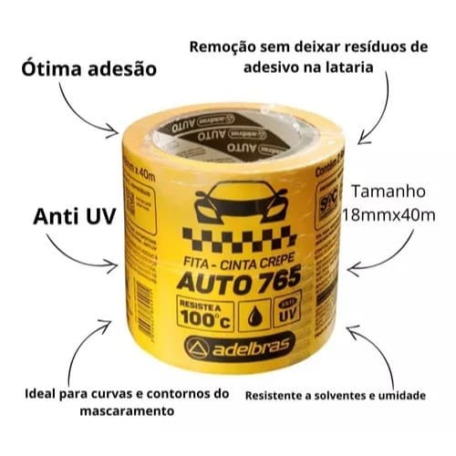 KIT 12 Rolos De Fita Crepe Amarela Automotiva Anti-UV Adelbras 765 Alta Performance 18mm x 40 metros