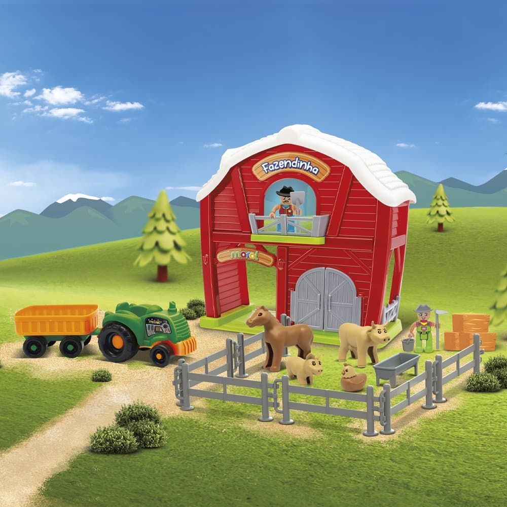 Brinquedo Infantil Fazendinha Blocos de Montar Celeiro Trator Casinha Animais 21 Peças - Vermelha