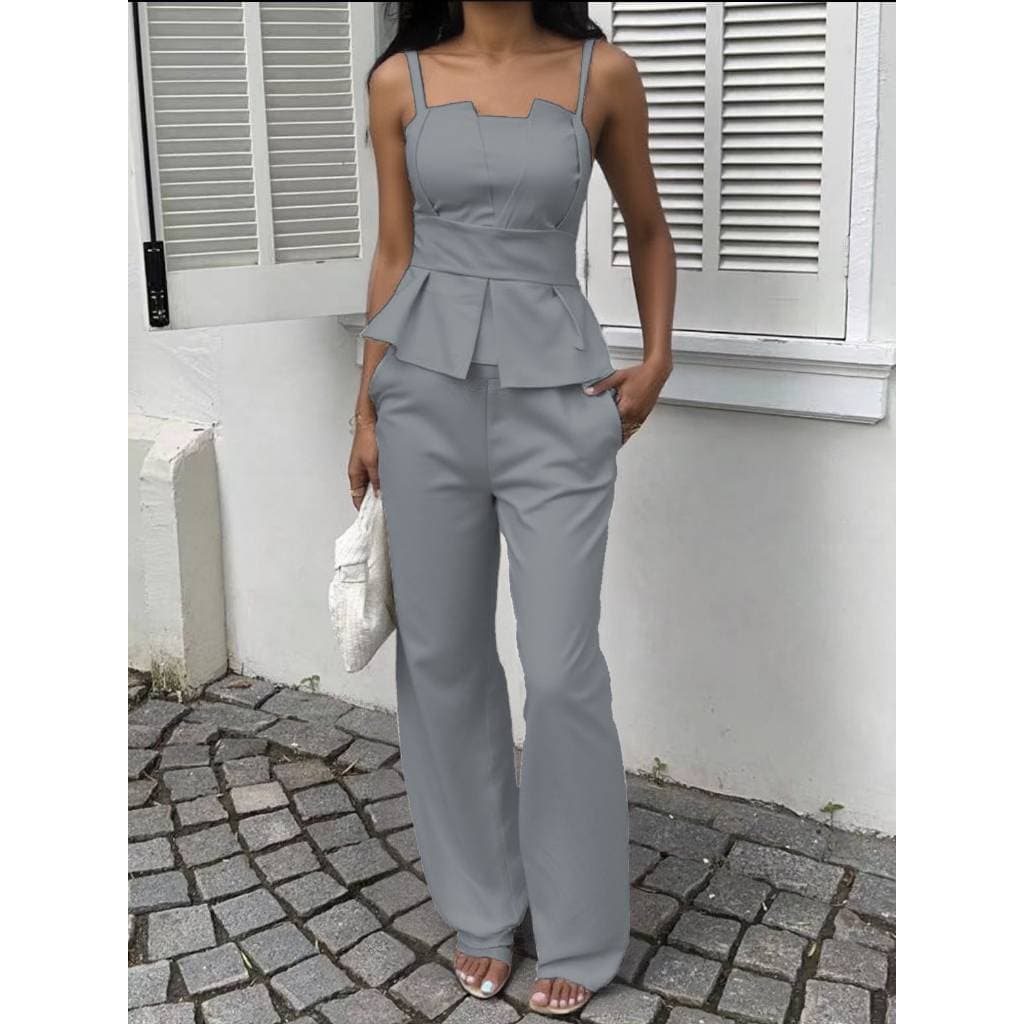 Conjunto 2 peças Feminina Colete e calça pantalona Perna reta Simples elegante Casual Franzido Bainha com babado Escritó