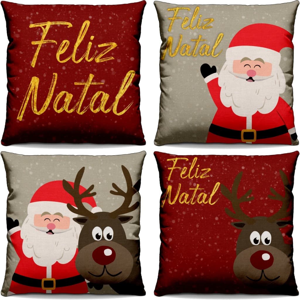 Capa de Almofada decoração de natal – papai noel, sofá Estampas Natalinas vermelha dourada escrito