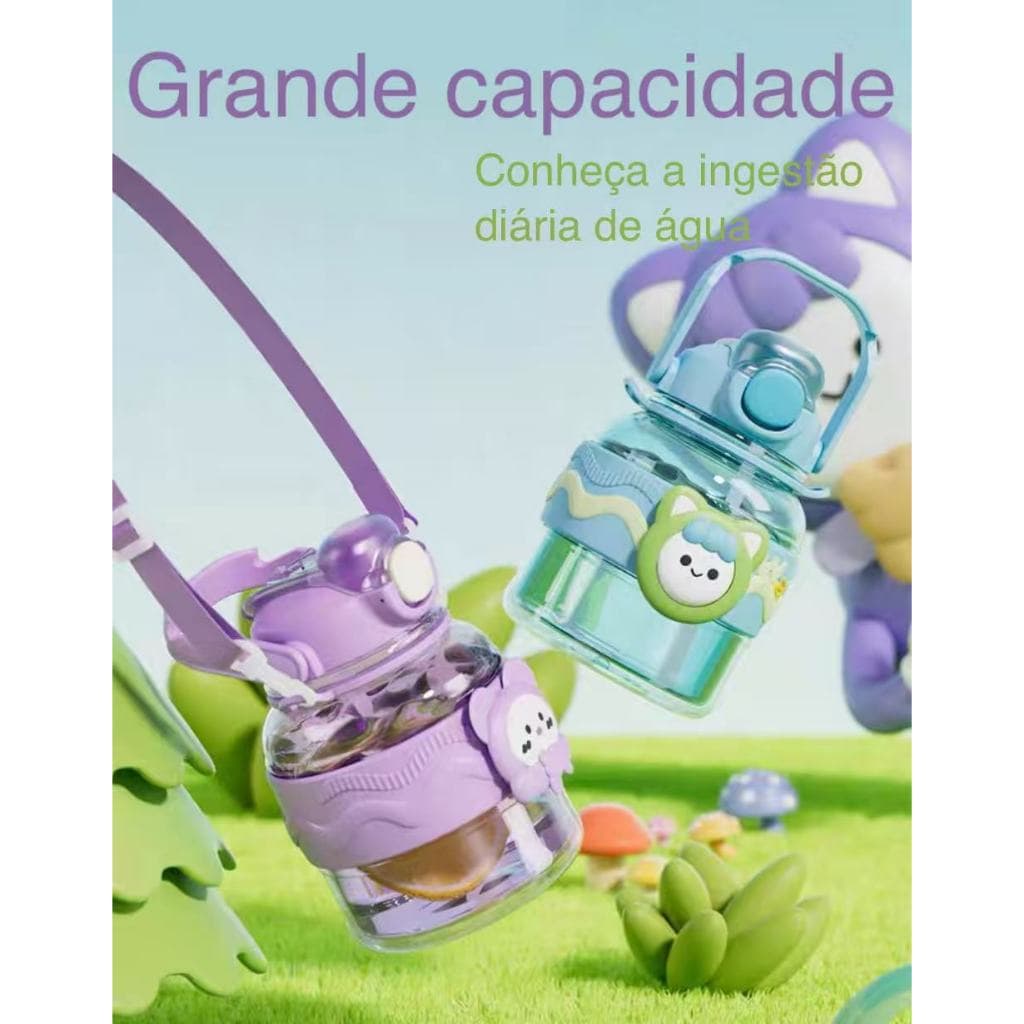 Garrafa de Água Infantil Grande Capacidade com Canudo Personagem Fofo 1L Varias Cores