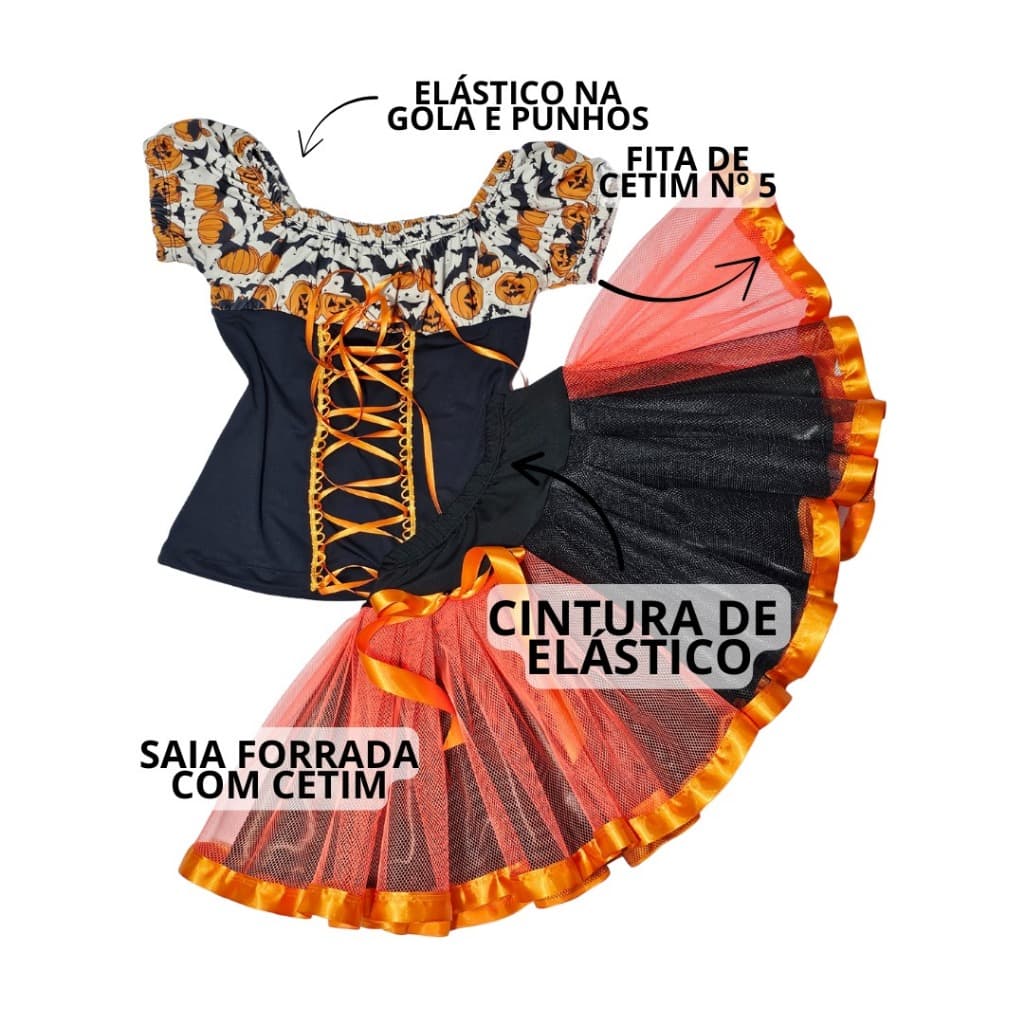 Fantasia infantil bruxa Halloween blusa + saia estampas diversas