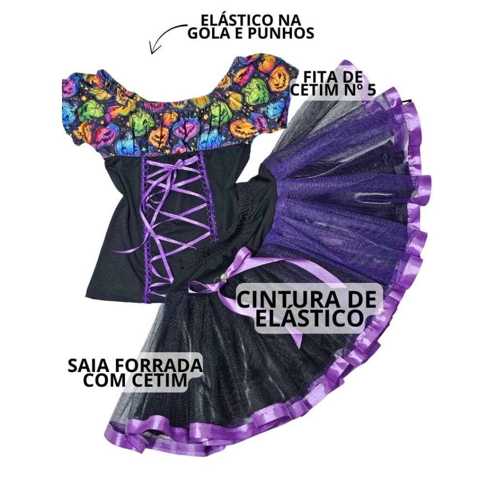 Fantasia adulto Bruxa Halloween body + saia estampas variadas