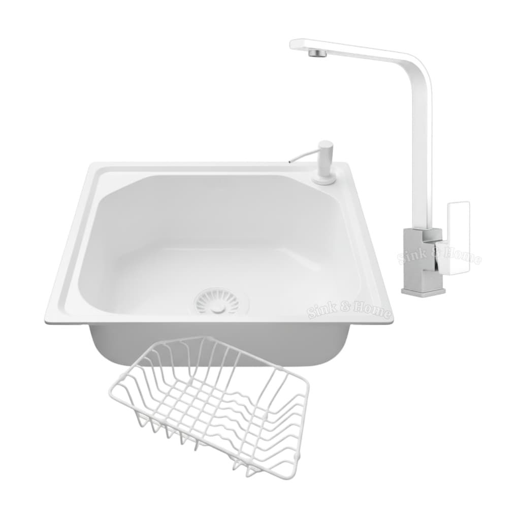 Cuba Branca + Torneira Branca Inox Monocomando Cozinha Cuba Branca Inox Bancada 46 CM