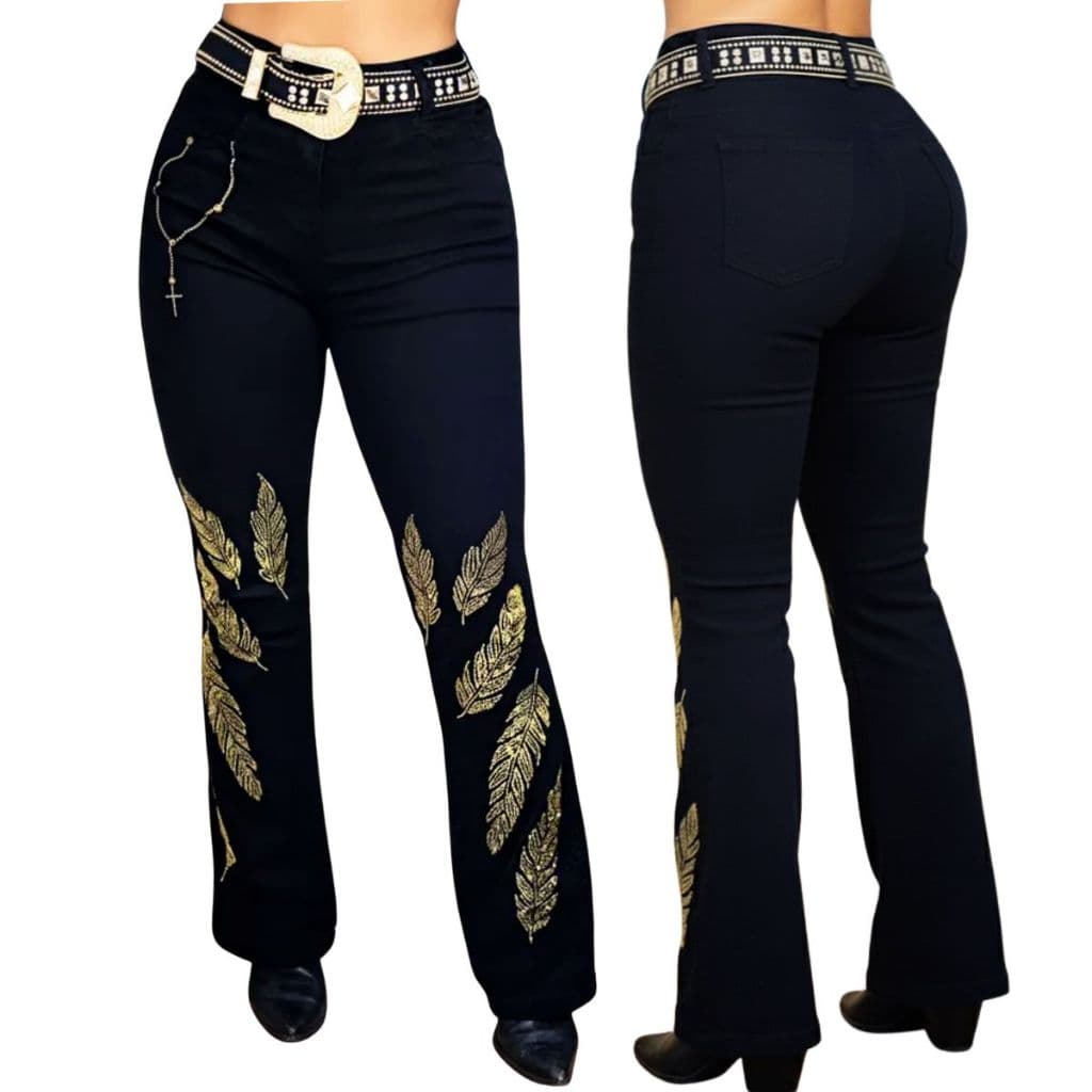 Calça Country Flare Jeans Feminina Penas de Luxo Linha Premium Cintura Alta Brilho Rodeio Cavalgada