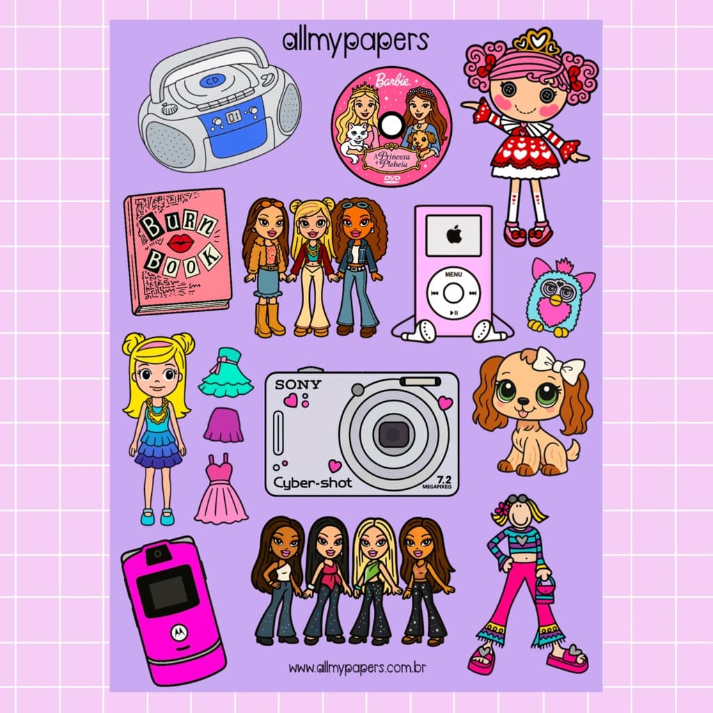 Cartela de Adesivos para Planner Bujo Journal Scrapbook Kindle - All My Papers Infância Anos 2000 Brinquedos antigos