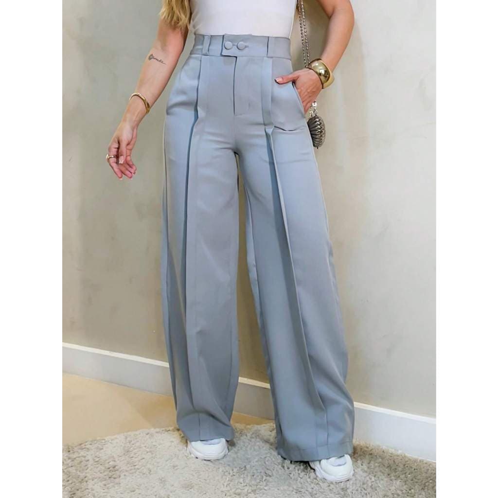 Calça Feminina Tecido Social Premium Corte Botão Bolsos Cintura Alta