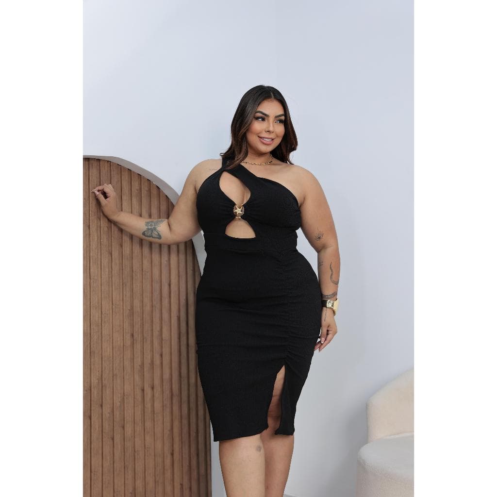 Vestido Plus Size Anarruga fFenda Lateral Detalhe Argola Elegante Festa Têndência