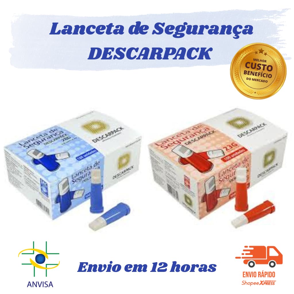 Lanceta de Segurança Descarpack 23G e 28G – Teste de Glicemia - Esterilizada e Pronta para Uso