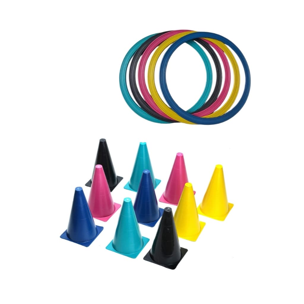 Kit Treino Funcional 5 Cones 5 Argolas Atividades Lúdicas Agilidade Coordenação Motora