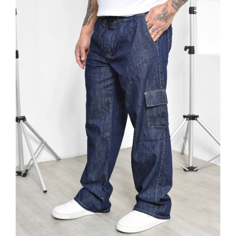 Calça Cargo Jeans Masculina Larga Balão SK8 Streetwear Style Com Bolsos Lateral