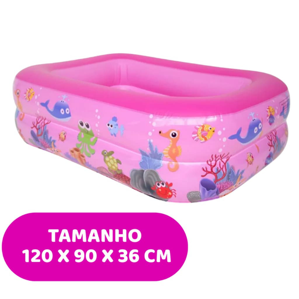 Piscina Infantil Inflávell Retangular com Estampa de Peixes 3 Andares PVC Resistente